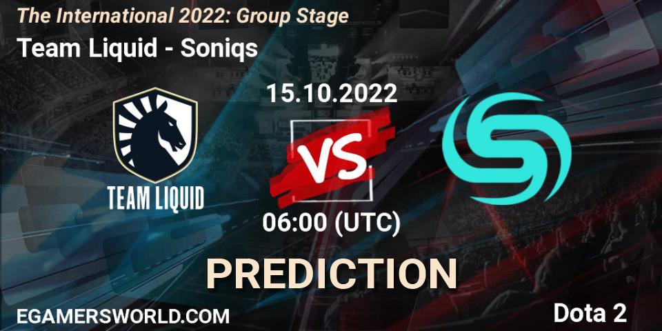 Team Liquid contre Soniqs : prédiction de match. 15.10.2022 at 07:30. Dota 2, The International 2022: Group Stage