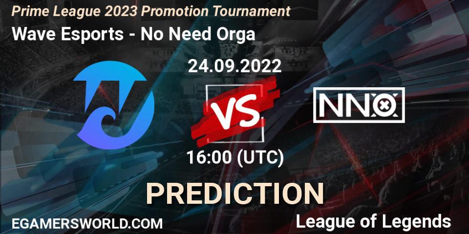 Wave Esports contre No Need Orga : prédiction de match. 24.09.2022 at 16:00. LoL, Prime League 2023 Promotion Tournament