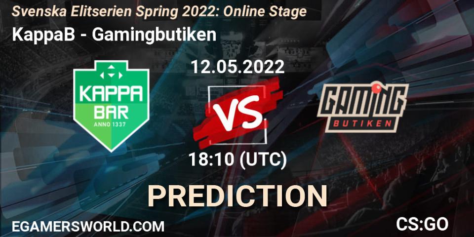 KappaB contre Gamingbutiken : prédiction de match. 12.05.2022 at 18:10. Counter-Strike (CS2), Svenska Elitserien Spring 2022: Online Stage