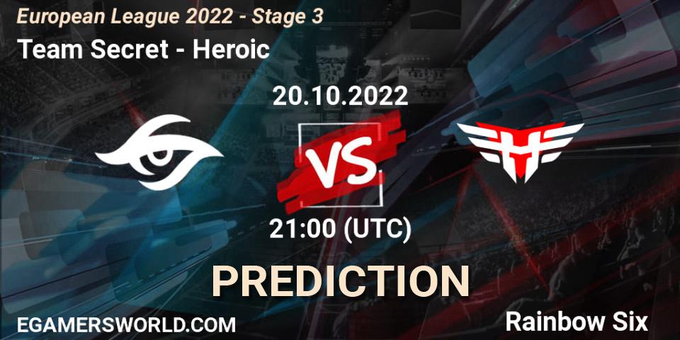 Team Secret contre Heroic : prédiction de match. 20.10.2022 at 21:00. Rainbow Six, European League 2022 - Stage 3