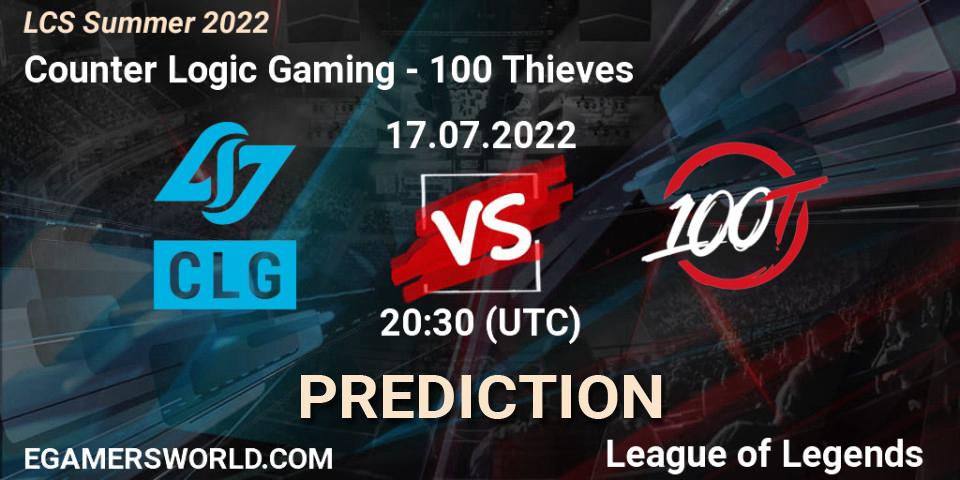 Counter Logic Gaming contre 100 Thieves : prédiction de match. 17.07.2022 at 20:30. LoL, LCS Summer 2022