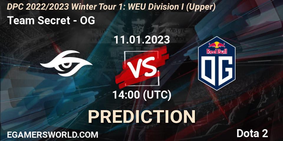 Team Secret contre OG : prédiction de match. 11.01.2023 at 14:01. Dota 2, DPC 2022/2023 Winter Tour 1: WEU Division I (Upper)