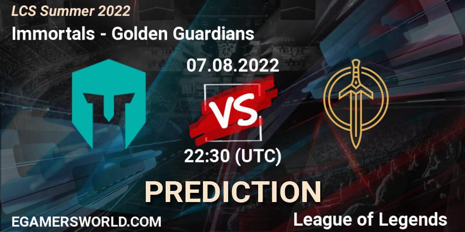Immortals contre Golden Guardians : prédiction de match. 07.08.2022 at 22:45. LoL, LCS Summer 2022