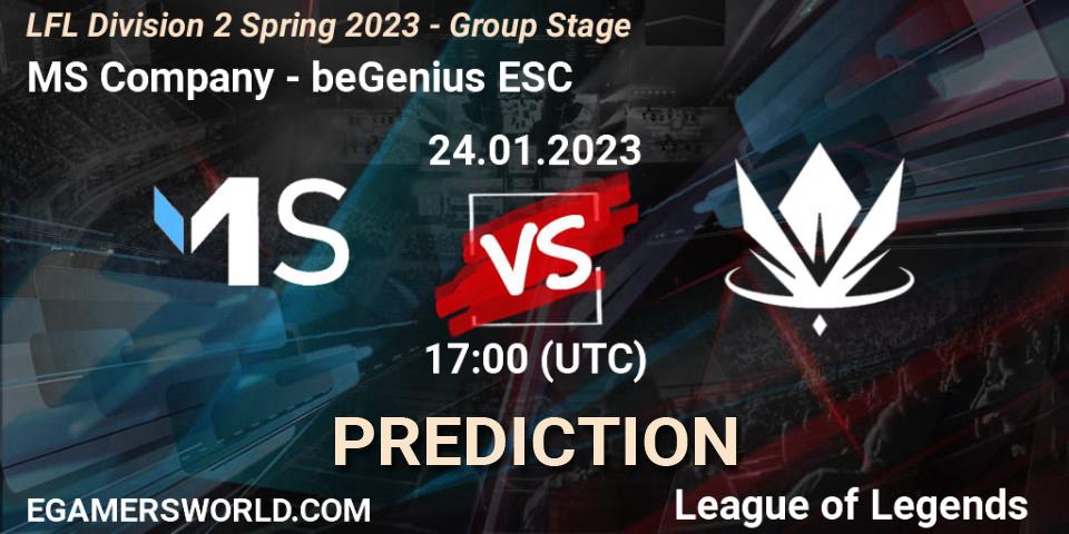 MS Company contre beGenius ESC : prédiction de match. 24.01.2023 at 18:15. LoL, LFL Division 2 Spring 2023 - Group Stage
