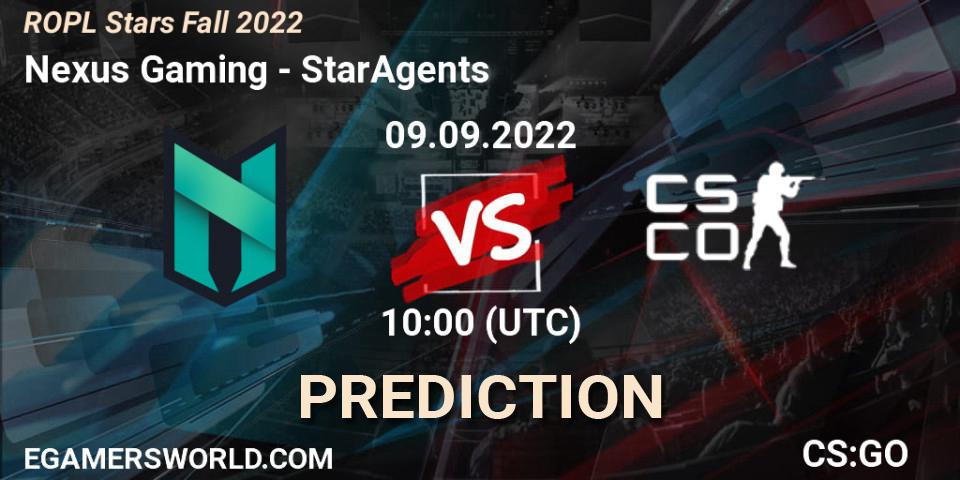 Nexus Gaming contre StarAgents : prédiction de match. 10.09.2022 at 11:00. Counter-Strike (CS2), ROPL Stars Fall 2022