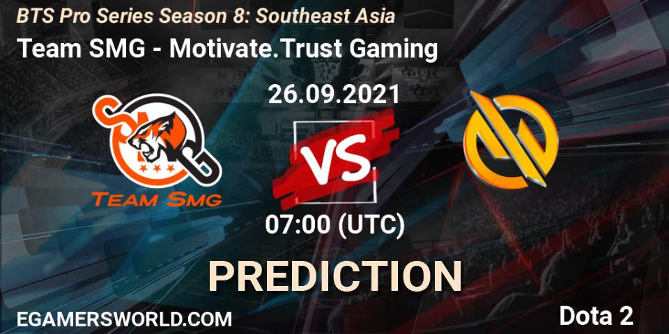 Team SMG contre Motivate.Trust Gaming : prédiction de match. 26.09.2021 at 07:00. Dota 2, BTS Pro Series Season 8: Southeast Asia