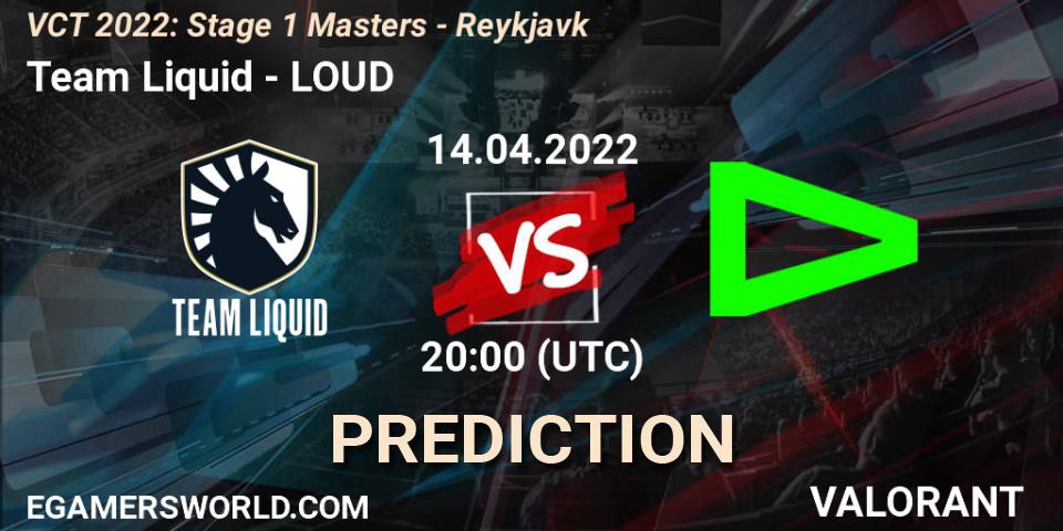 Team Liquid contre LOUD : prédiction de match. 14.04.2022 at 19:40. VALORANT, VCT 2022: Stage 1 Masters - Reykjavík
