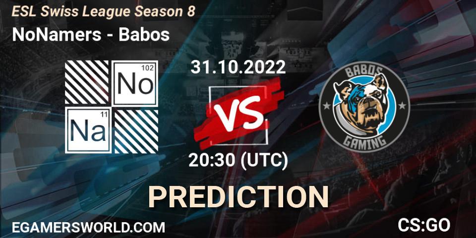 NoNamers contre Babos : prédiction de match. 31.10.2022 at 20:30. Counter-Strike (CS2), ESL Swiss League Season 8