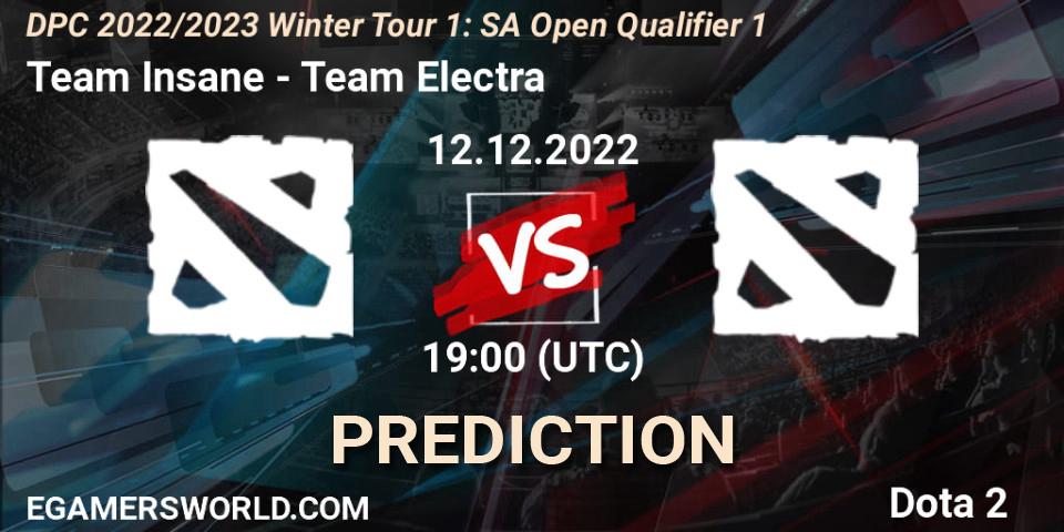 Team Insane contre Team Electra : prédiction de match. 12.12.2022 at 18:30. Dota 2, DPC 2022/2023 Winter Tour 1: SA Open Qualifier 1