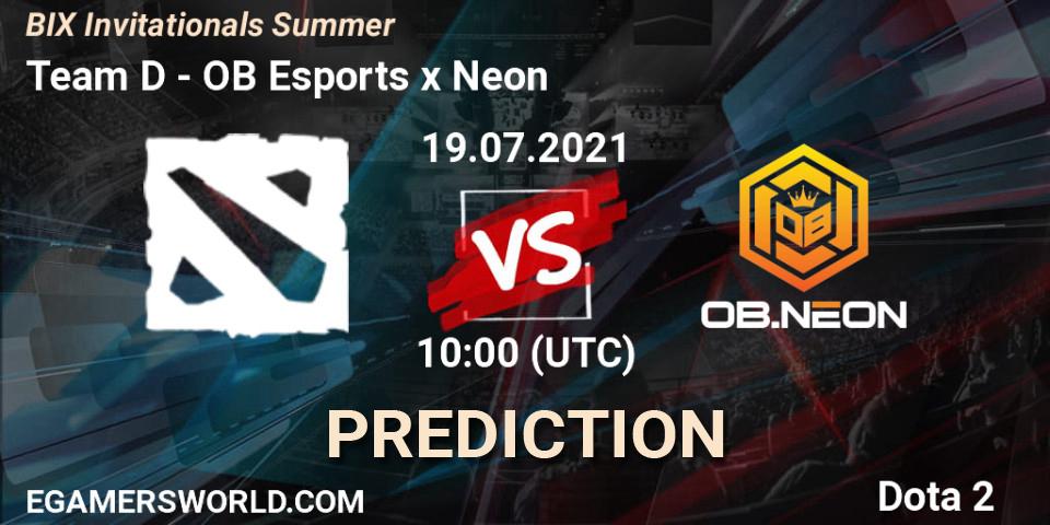 Team D contre OB Esports x Neon : prédiction de match. 19.07.2021 at 10:21. Dota 2, BIX Invitationals Summer