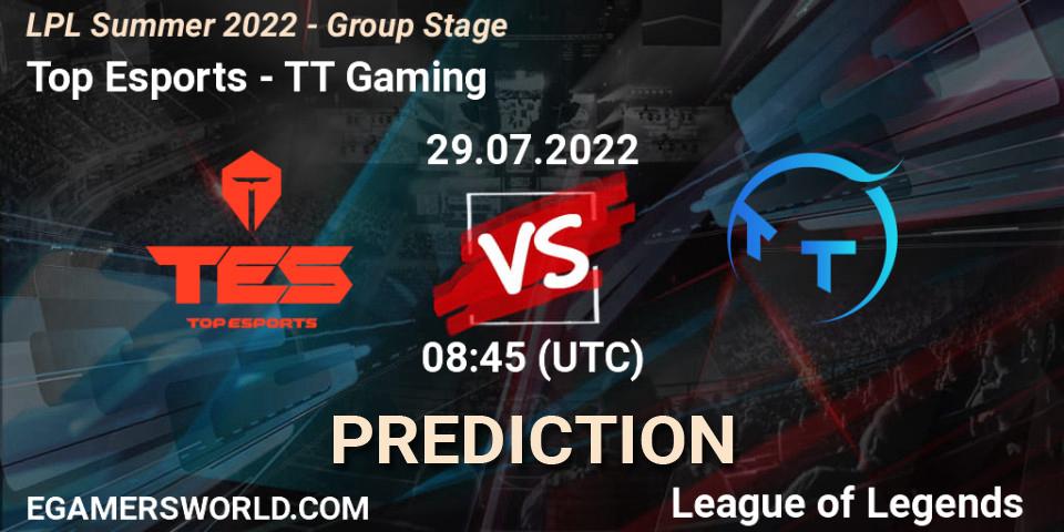 Top Esports contre TT Gaming : prédiction de match. 29.07.2022 at 09:00. LoL, LPL Summer 2022 - Group Stage