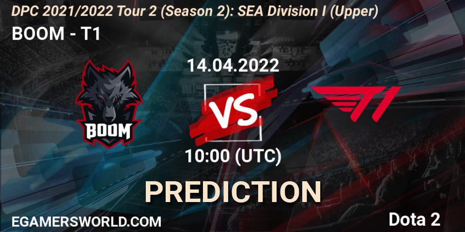 BOOM contre T1 : prédiction de match. 14.04.2022 at 11:28. Dota 2, DPC 2021/2022 Tour 2 (Season 2): SEA Division I (Upper)