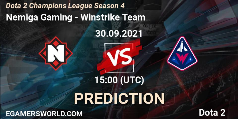 Nemiga Gaming contre Winstrike Team : prédiction de match. 30.09.2021 at 15:00. Dota 2, Dota 2 Champions League Season 4