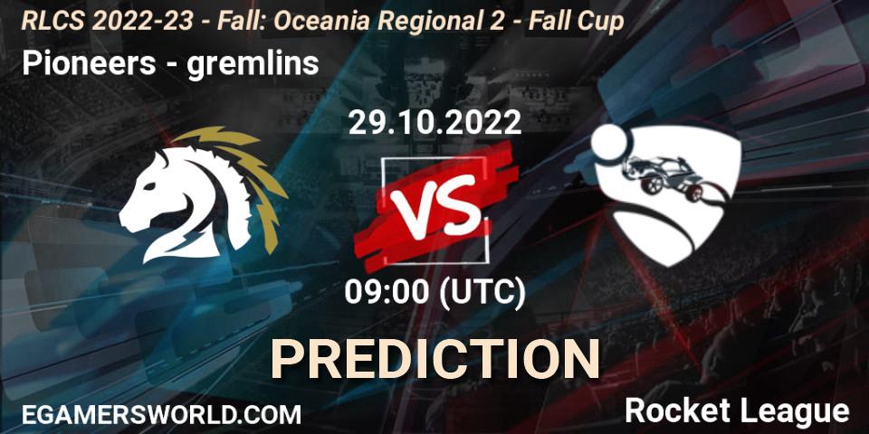 Pioneers contre gremlins : prédiction de match. 29.10.2022 at 09:20. Rocket League, RLCS 2022-23 - Fall: Oceania Regional 2 - Fall Cup