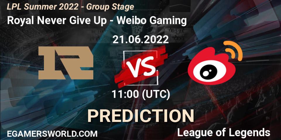 Royal Never Give Up contre Weibo Gaming : prédiction de match. 21.06.2022 at 11:00. LoL, LPL Summer 2022 - Group Stage