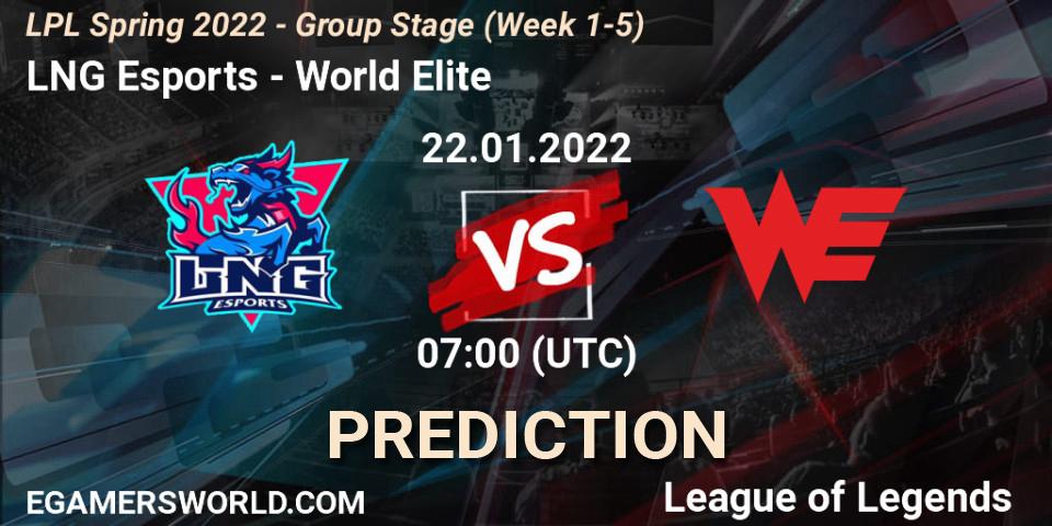 LNG Esports contre World Elite : prédiction de match. 22.01.2022 at 07:00. LoL, LPL Spring 2022 - Group Stage (Week 1-5)