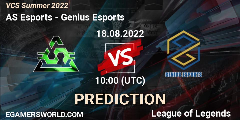 AS Esports contre Genius Esports : prédiction de match. 18.08.2022 at 10:00. LoL, VCS Summer 2022