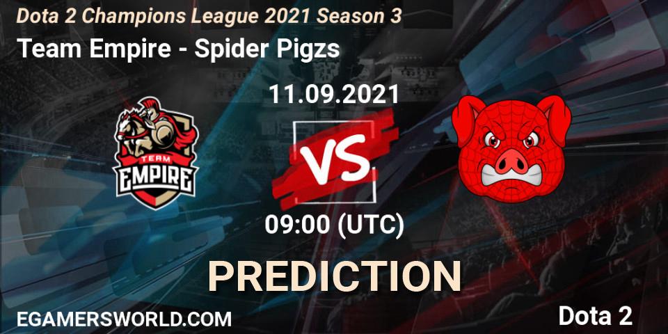 Team Empire contre Spider Pigzs : prédiction de match. 11.09.2021 at 09:00. Dota 2, Dota 2 Champions League 2021 Season 3