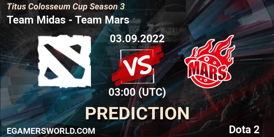 Team Midas contre Team Mars : prédiction de match. 03.09.2022 at 03:34. Dota 2, Titus Colosseum Cup Season 3
