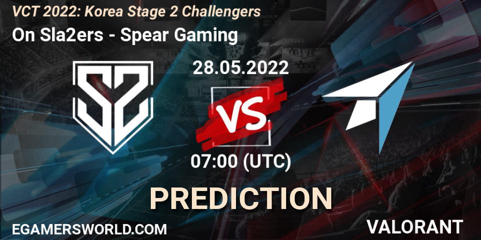 On Sla2ers contre Spear Gaming : prédiction de match. 28.05.2022 at 07:00. VALORANT, VCT 2022: Korea Stage 2 Challengers