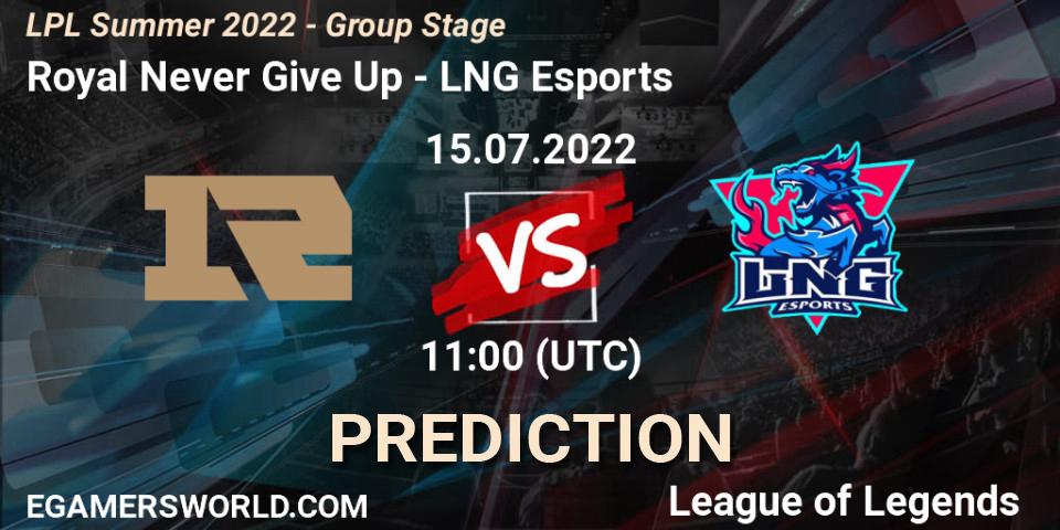Royal Never Give Up contre LNG Esports : prédiction de match. 15.07.22. LoL, LPL Summer 2022 - Group Stage