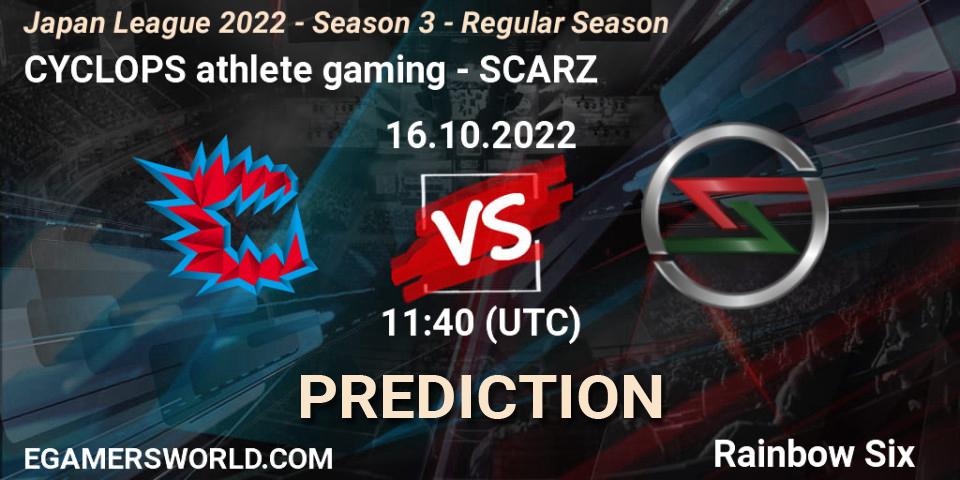 CYCLOPS athlete gaming contre SCARZ : prédiction de match. 16.10.2022 at 11:40. Rainbow Six, Japan League 2022 - Season 3 - Regular Season