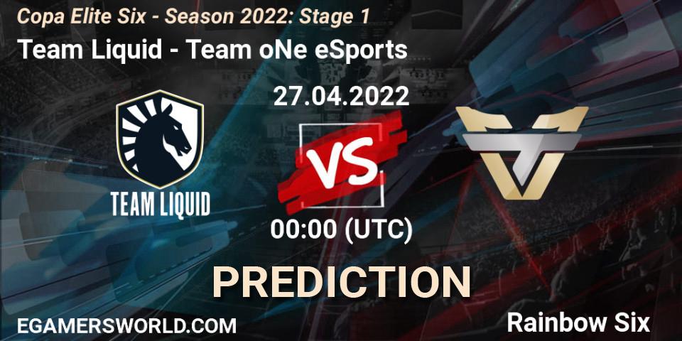 Team Liquid contre Team oNe eSports : prédiction de match. 27.04.2022 at 00:00. Rainbow Six, Copa Elite Six - Season 2022: Stage 1