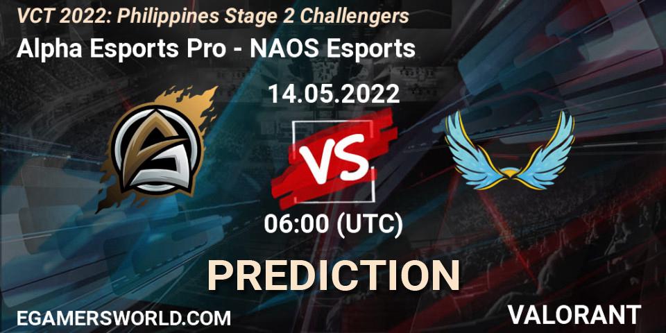 Alpha Esports Pro contre NAOS Esports : prédiction de match. 14.05.2022 at 06:00. VALORANT, VCT 2022: Philippines Stage 2 Challengers