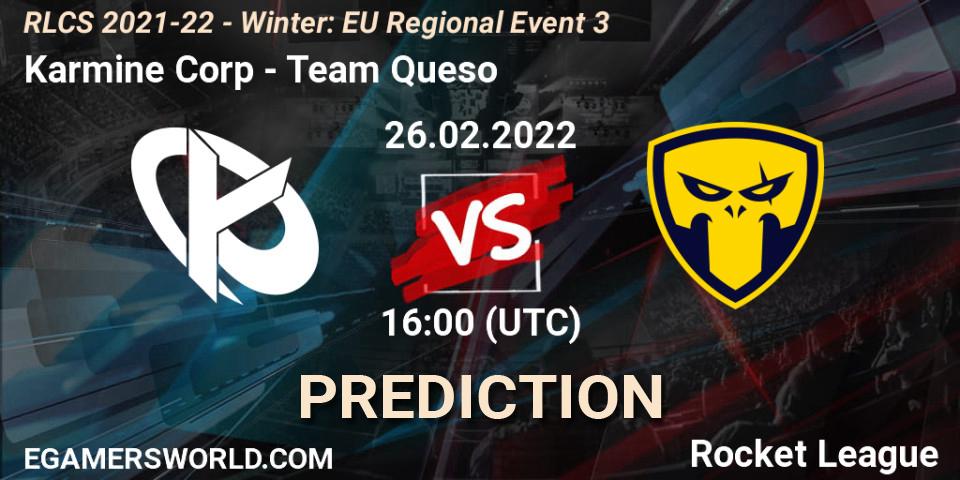 Karmine Corp contre Team Queso : prédiction de match. 26.02.2022 at 16:00. Rocket League, RLCS 2021-22 - Winter: EU Regional Event 3