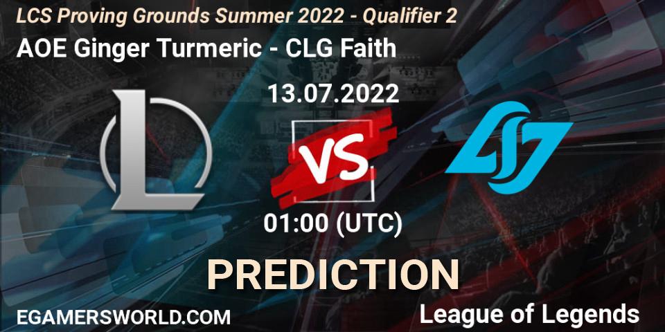 AOE Ginger Turmeric contre CLG Faith : prédiction de match. 13.07.2022 at 00:00. LoL, LCS Proving Grounds Summer 2022 - Qualifier 2