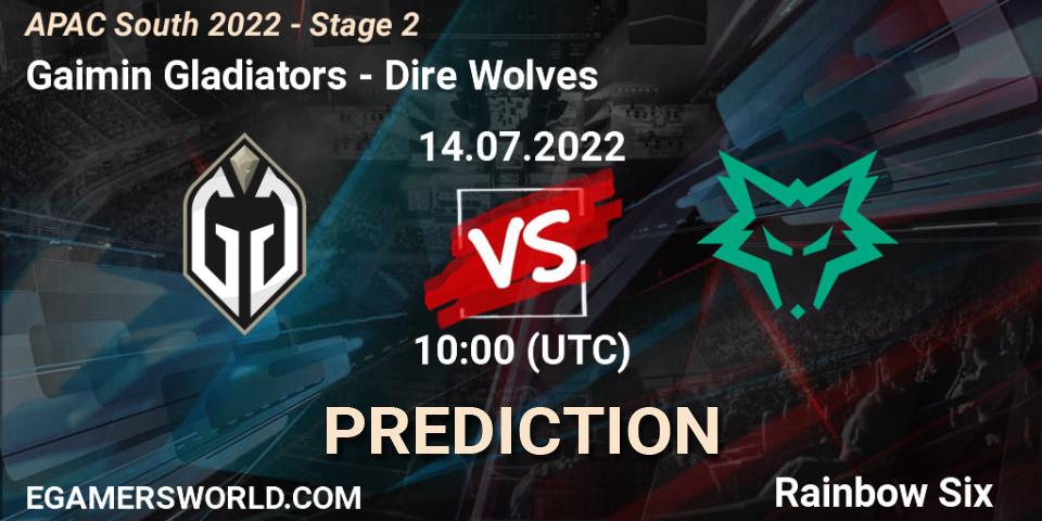 Gaimin Gladiators contre Dire Wolves : prédiction de match. 14.07.2022 at 10:00. Rainbow Six, APAC South 2022 - Stage 2