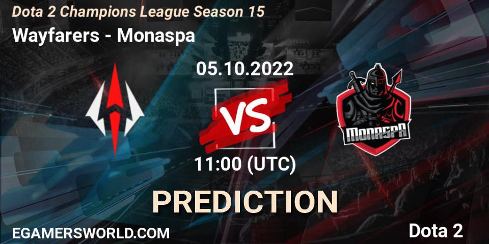Wayfarers contre Monaspa : prédiction de match. 05.10.2022 at 11:05. Dota 2, Dota 2 Champions League Season 15