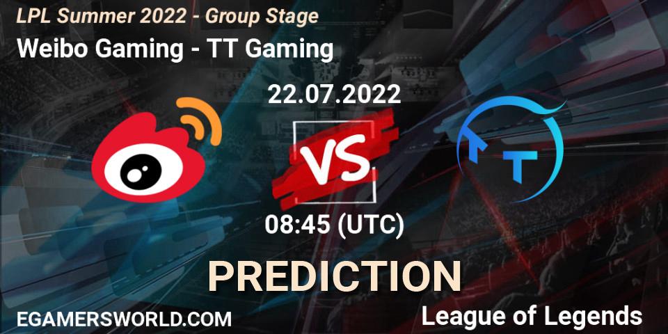 Weibo Gaming contre TT Gaming : prédiction de match. 22.07.2022 at 09:00. LoL, LPL Summer 2022 - Group Stage