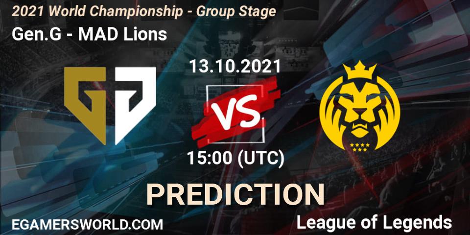 Gen.G contre MAD Lions : prédiction de match. 18.10.2021 at 11:00. LoL, 2021 World Championship - Group Stage