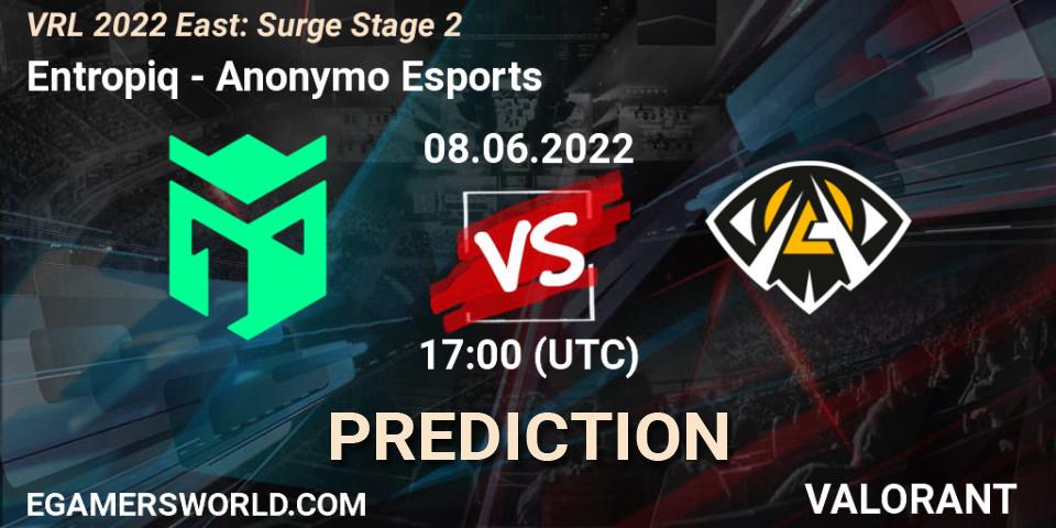 Entropiq contre Anonymo Esports : prédiction de match. 08.06.2022 at 17:15. VALORANT, VRL 2022 East: Surge Stage 2