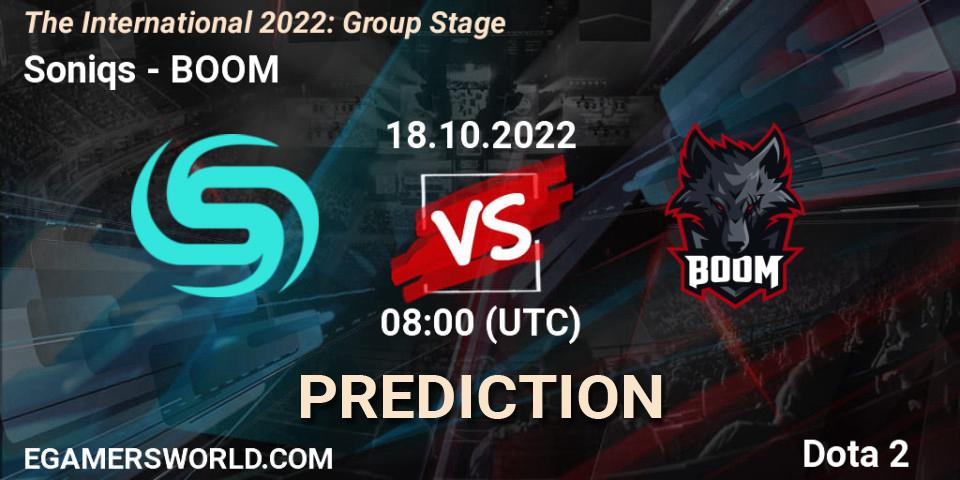 Soniqs contre BOOM : prédiction de match. 18.10.2022 at 08:30. Dota 2, The International 2022: Group Stage