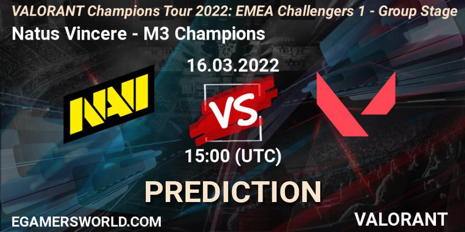 Natus Vincere contre M3 Champions : prédiction de match. 16.03.2022 at 15:00. VALORANT, VCT 2022: EMEA Challengers 1 - Group Stage