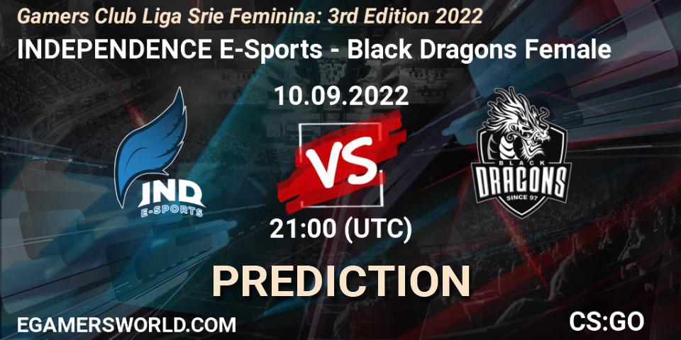 INDEPENDENCE E-Sports contre Black Dragons Female : prédiction de match. 10.09.2022 at 21:00. Counter-Strike (CS2), Gamers Club Liga Série Feminina: 3rd Edition 2022