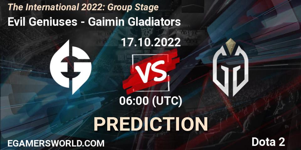 Evil Geniuses contre Gaimin Gladiators : prédiction de match. 17.10.2022 at 07:29. Dota 2, The International 2022: Group Stage