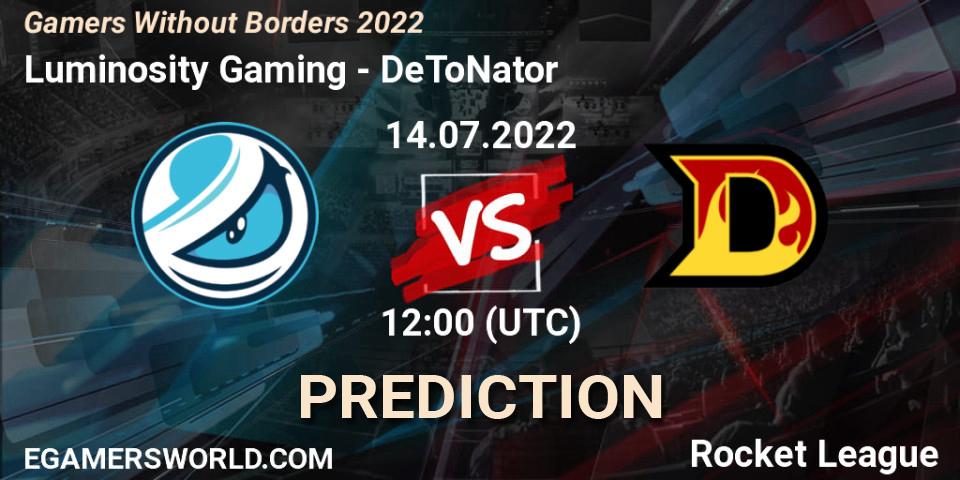 Luminosity Gaming contre DeToNator : prédiction de match. 14.07.2022 at 12:00. Rocket League, Gamers Without Borders 2022