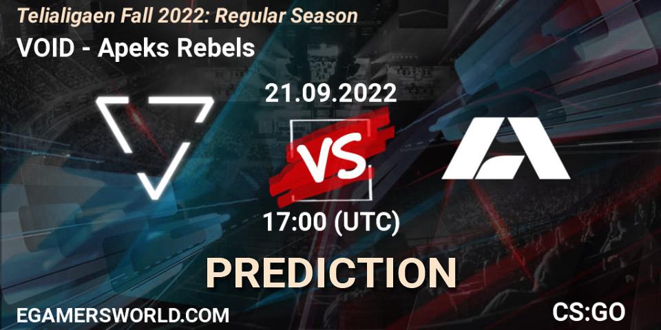 VOID contre Apeks Rebels : prédiction de match. 21.09.2022 at 17:00. Counter-Strike (CS2), Telialigaen Fall 2022: Regular Season