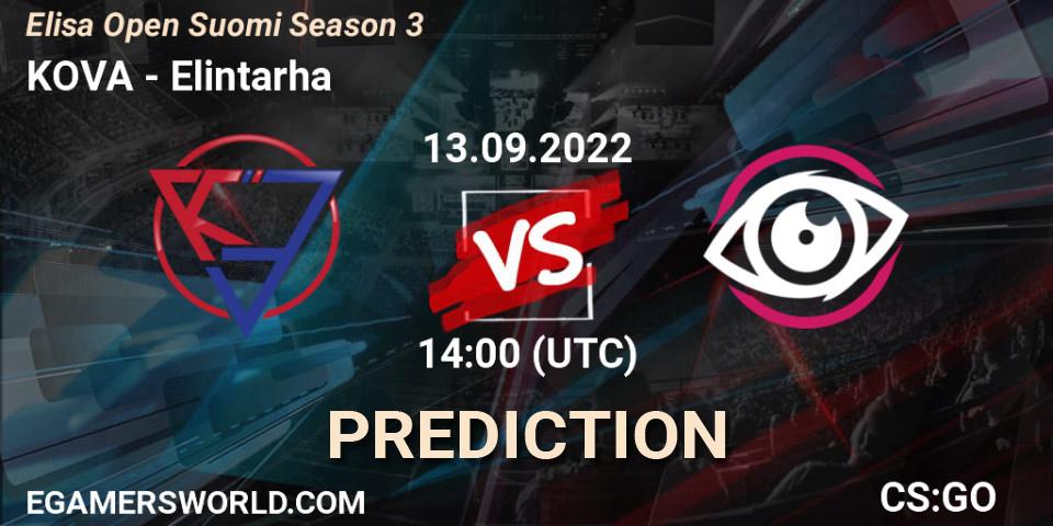 KOVA contre Eläintarha : prédiction de match. 13.09.2022 at 14:00. Counter-Strike (CS2), Elisa Open Suomi Season 3
