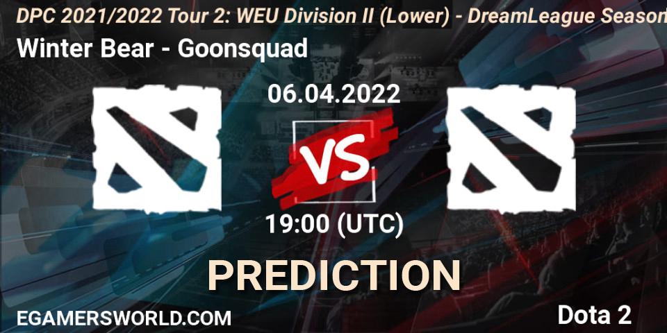 Winter Bear contre Goonsquad : prédiction de match. 06.04.2022 at 19:05. Dota 2, DPC 2021/2022 Tour 2: WEU Division II (Lower) - DreamLeague Season 17