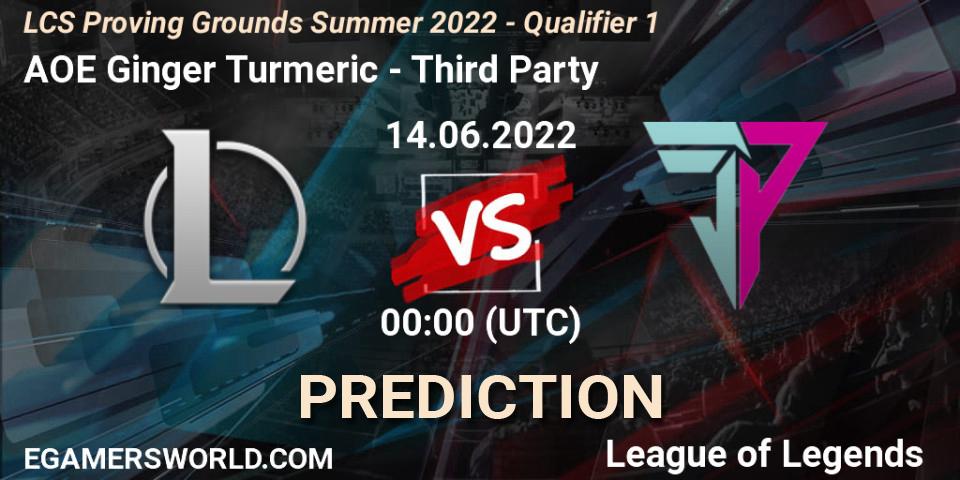 AOE Ginger Turmeric contre Third Party : prédiction de match. 14.06.2022 at 00:00. LoL, LCS Proving Grounds Summer 2022 - Qualifier 1