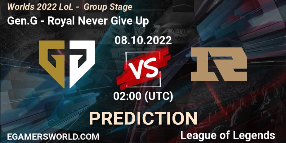 Gen.G contre Royal Never Give Up : prédiction de match. 08.10.22. LoL, Worlds 2022 LoL - Group Stage