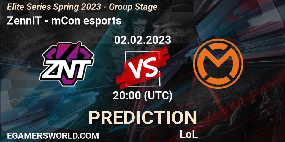 ZennIT contre mCon esports : prédiction de match. 02.02.2023 at 20:00. LoL, Elite Series Spring 2023 - Group Stage