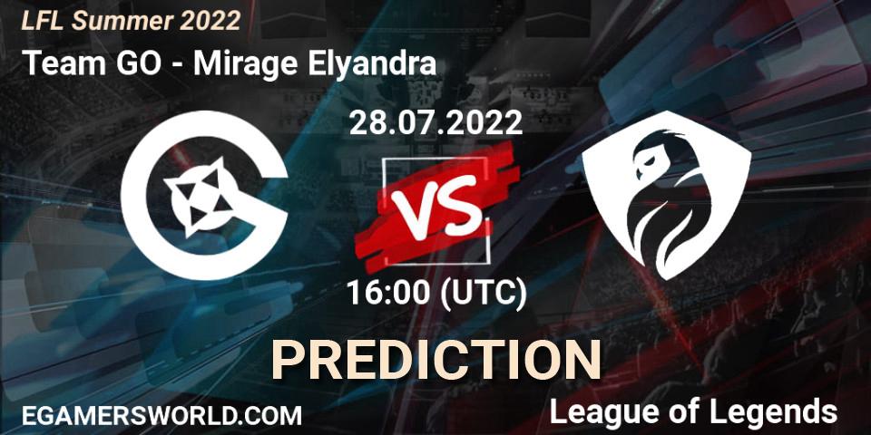 Team GO contre Mirage Elyandra : prédiction de match. 28.07.2022 at 16:00. LoL, LFL Summer 2022