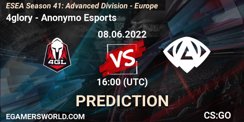 4glory contre Anonymo Esports : prédiction de match. 08.06.2022 at 16:00. Counter-Strike (CS2), ESEA Season 41: Advanced Division - Europe