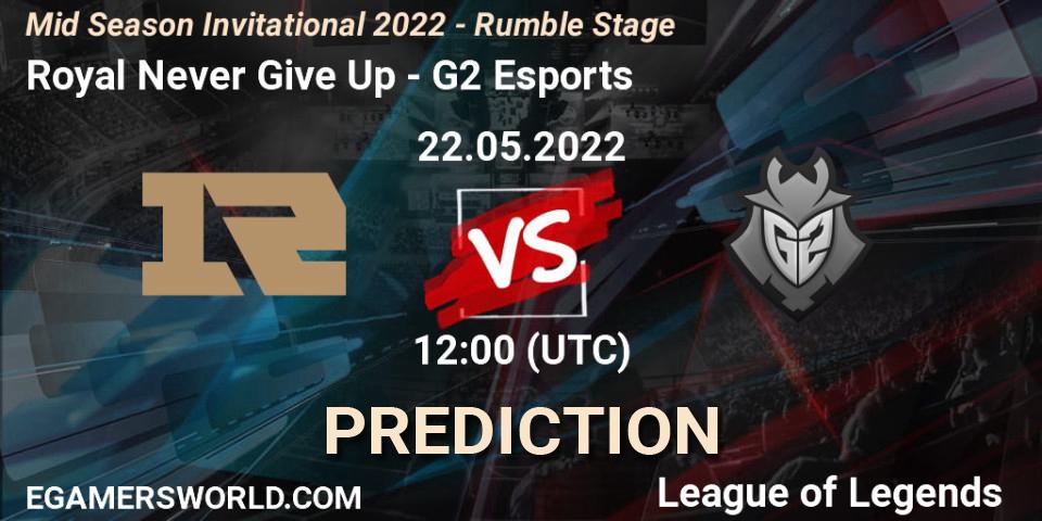 Royal Never Give Up contre G2 Esports : prédiction de match. 22.05.2022 at 12:00. LoL, Mid Season Invitational 2022 - Rumble Stage
