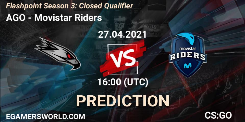 AGO contre Movistar Riders : prédiction de match. 27.04.2021 at 11:00. Counter-Strike (CS2), Flashpoint Season 3: Closed Qualifier
